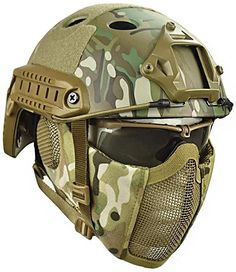 a helmet with goggles on it and a visor over the face is camouflage