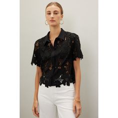 Black floral (96% Polyester, 4% Elastane). Top. Short sleeves. Collared. Front button closure. 15" from shoulder to hemline. Made in the Usa. ¬† Chic Formal Tops With Floral Embroidery, Chic Collared Blouse With Floral Embroidery, Formal Floral Embroidered Tops For Fall, Formal Fall Blouse With Floral Embroidery, Black Floral Embroidery Button-up Blouse, Black Button-up Blouse With Floral Embroidery, Lace Button, Rent The Runway, Closet Designs