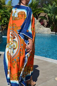 Designer Print Silk Caftan Womens Silk Kaftan Silk Dress | Etsy Elegant Long Kaftan For Vacation, Elegant Multicolor Tunic Kaftan, Elegant Multicolor Kaftan With Kimono Sleeves, Elegant Vacation Kaftan With Kimono Sleeves, Elegant Multicolor Kaftan For Vacation, Elegant Beach Thobe In Tunic Style, Elegant Summer Tunic Thobe, Silk Tunic Kaftan For Beachwear, Elegant Tunic Kaftan For Vacation