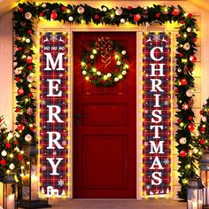 christmas door decorations with lights and wreaths