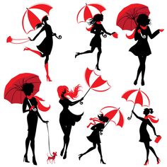 silhouettes of women with umbrellas