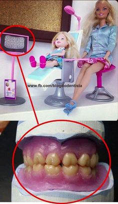 Which is more odd... Barbie's full molar occlusion or the way she is dressed for work? Dentist Barbie, Dental Hygiene Humor, Dentistry Humor, Registered Dental Hygienist, Invisalign Braces