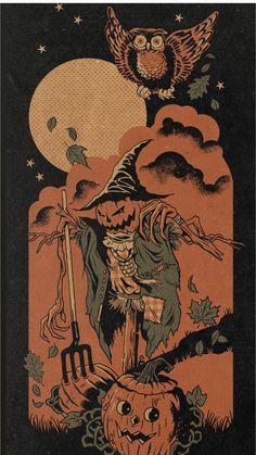 an old fashioned halloween card with pumpkins and owls