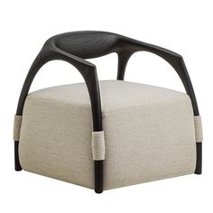 an upholstered chair with black legs and a beige fabric seat pad on the back