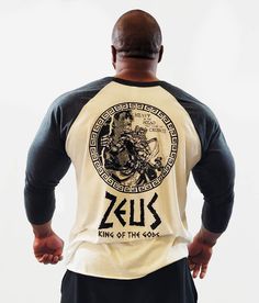 Iron Gods Titan Series Zeus Workout T-Shirt, Black and  White Raglan, pump cover, gym tee Cotton Gym Tops With Back Print, Cotton Long Sleeve Gym T-shirt, Long Sleeve Cotton T-shirt For Gym, Zeus Artwork, Epic Artwork, The Greek Gods, New Titan, Men's Workout, Workout Clothing