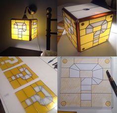 four different views of a lamp made out of paper and construction material, with the light turned on