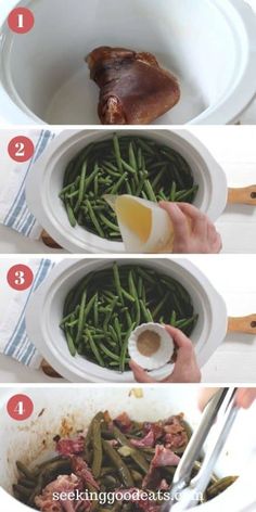 instructions for how to cook green beans in a pot with an egg on the side