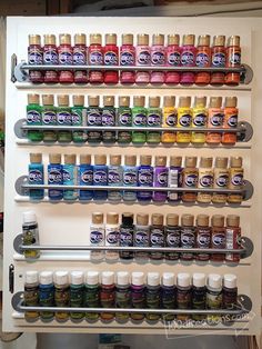 a shelf filled with lots of different types of paint