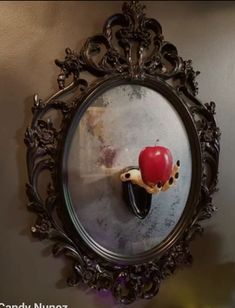 a mirror with an apple sticking out of it's side hanging on the wall