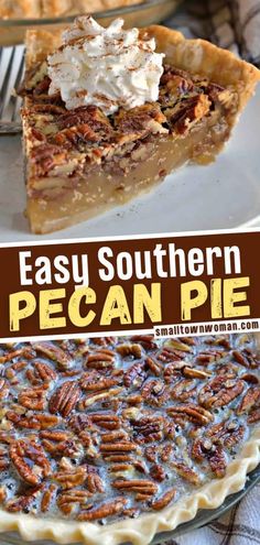 easy southern pecan pie with whipped cream and pecans in the crust on top