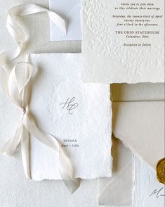 Gold Wedding Invitations | Lupine Letters | Gold foil wedding invitations featuring handmade paper and silk ribbon. Add a special touch to any custom wedding invitation with a custom monogram.  Modern calligraphy adds a romantic touch of to these gold foil wedding invitations on handmade paper. #elegantweddinginvitations #fineartwedding Artistic Wedding Invitations, Invitation Ribbon, Bespoke Invitations, Gold Foil Wedding Invitations, Gold Foil Wedding, Foil Wedding Invitations, Handmade Wedding Invitations, Paper Wedding