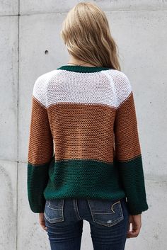 Green Colorblock Knit Sweater Casual Color Block Sweater, Casual Green Color Block Cardigan, Multicolor Knit Sweater With Contrast Color, Cozy Brown Color Block Sweater, Casual Brown Color Block Cardigan, Casual Brown Sweater With Contrast Color, Casual Color Block Brown Cardigan, Green Color Block Knit Sweater, Casual Green Sweater With Contrast Color