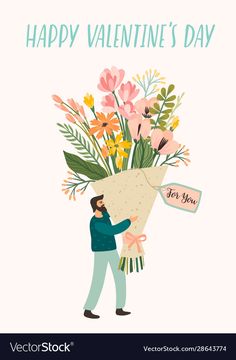 a man holding a bouquet of flowers with the text happy valentine's day