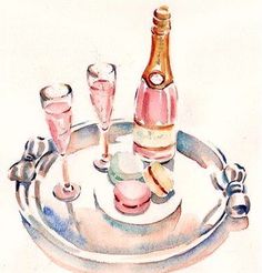 a watercolor painting of two champagne glasses and a bottle on a tray with silverware