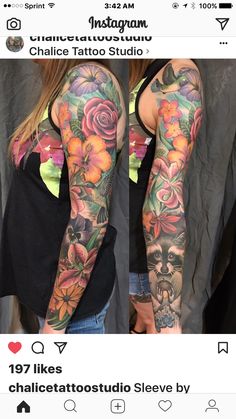 a woman with tattoos on her arms and arm, both showing the same tattoo designs