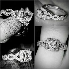 four different views of an engagement ring with diamonds on the side and in the middle