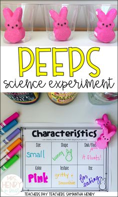 peeps science experiment for kids with pink and yellow writing on the bottom, in front of