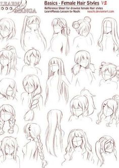 an anime character's head and hair sketches