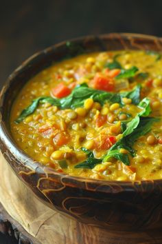 Lentil soup with spinach and diced vegetables in a wooden bowl. Green Coconut