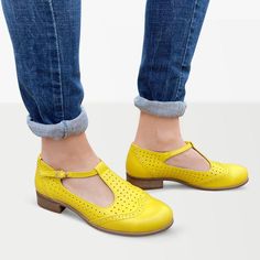 Yellow Mary Jane Shoes by Julia Bo - Julia Bo - Women's Oxfords White Mary Jane Shoes, Blue Mary, Zapatos Mary Jane, Shoes Yellow, Custom Made Shoes, Oxford Boots, Womens Mary Janes, Shoes Custom, Croc Leather