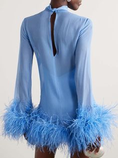 TALLER MARMO Gina Spirito feather-trimmed silk-crepon mini dress | NET-A-PORTER Feather Fringe Dress, Slip Dress With Feathers, Blue Dress With Feathers, Capri Party, Disco Formal, Sea Shell Dress, Bohemian Cocktail, Palm Royale, Peacock Feather Dress