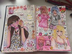 Drawing Pages Aesthetic, Collage Art Sketchbook, Sketchbook Art Inspiration Colorful, Gyaru Sketch, Art Spreads Sketchbook, Sketchbook Inspo Page, Pink Drawing Aesthetic, Character Page Sketchbook