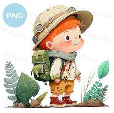 a little boy with a backpack and hat is standing in the grass, surrounded by plants