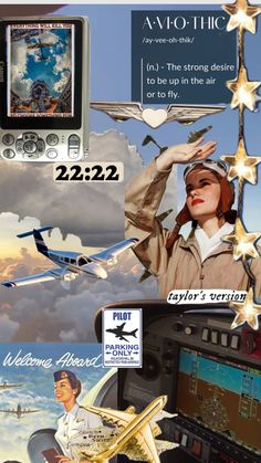 a collage of photos with an airplane and a woman