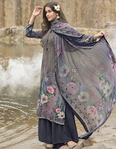 Grey Siya Crepe Digital Print Suit Palazzo Suit Designs Indian Style, Suit Palazzo, Palazzo Design, Plus Size Suit, Chic Plus Size, Churidar Suits, Plus Size Suits, Palazzo Suit, Salwar Kameez Online