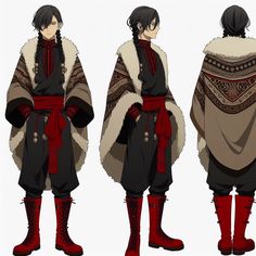 three different views of an anime character with black hair and red boots, standing in front of