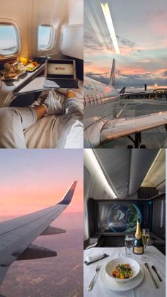 there are pictures of the inside of an airplane with food and drinks on it, along with photos of other planes in flight