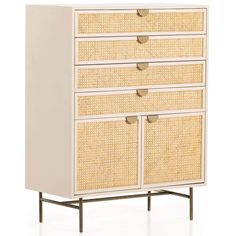 a white dresser with wicker drawers and metal legs on the bottom, against a white background