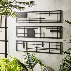 three metal shelves are mounted on the wall near plants and potted palm trees in front of them