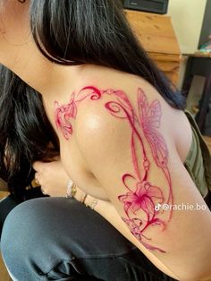 Pink Tattoo On Brown Skin, Shoulder Wrap Tattoo, Shoulder Tattoos For Women Unique, Aura Tattoos, Side Body Tattoos, 24 Tattoo, Woodland Elf, Jewel Tattoo