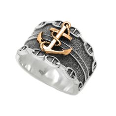 SKU: 659424cg Beautiful silver ring with Gold Anchor on the top. Features: Brand new sterling ring silver 925. Not plated, 100% solid silver metal! Approx Total weight of the product (10US size) 8.5g. of silver 925, and weight of Anchor made of Gold 14k - 0.76g. Width of the top 15.2 mm; Processing: 1) Sterling silver 925 blackening by oxidation; 2) Sterling silver 925 and Rose Gold 14K Anchor; Availability of proprietary tag manufacturer - Yes; Country of origin - Ukraine; More products on www. Nautical Style Silver Rings For Gift, Silver Nautical Rings As Gifts, Silver Nautical Style Ring As A Gift, Silver Nautical Rings For Gift, Indigo Jewelry, Sea Anchor, Vintage Opal Engagement Ring, Gifts For Sailors, Sterling Silver Mens