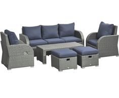 an outdoor furniture set with blue cushions