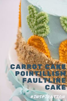 there is a cake with trees on it and the words carrotcakes, pointillism, and faulting cake