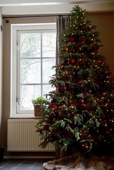 a decorated christmas tree in front of a window