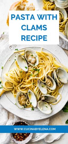 A serving of spaghetti alle vongole recipe garnished with herbs and lemon wedges. Clam Pasta Recipe, Pasta With Clams, Homemade Ciabatta Bread, Seafood Pasta Dishes, Clam Pasta, White Clam Sauce, Italian Spaghetti, Clam Sauce, Recipe Pasta