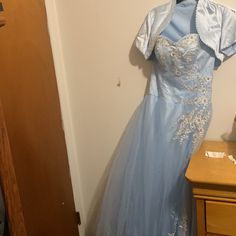 This Is A Prom Dress I Bought Online. I Wore It Once To Prom And That Is It. Its A Power Baby Blue Dress With Beading On It And Its Super Pretty On Its Like A Cinderella Dress. I Know That It Looks Super Wrinkly But You Can Get It Pressed And It Will Look Brand New -Size Is 6 - Ball Gown Dress For Prom, Baby Blue Dress, Cinderella Dress, A Prom Dress, Ball Gown Dress, Blue Ball Gowns, Baby Blue Dresses, Cinderella Dresses, Prom Colors