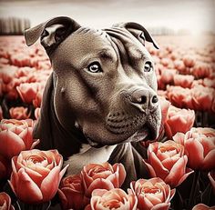 a dog in a field full of red flowers with his head turned to the side