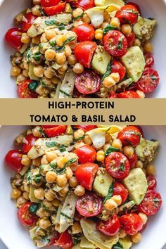 two pictures with different types of food in them and the words high protein tomato basil salad