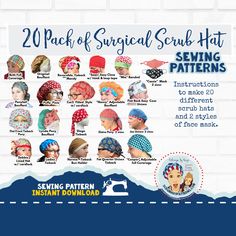 the 20 pack of surgical scrub hat sewing pattern is available for all ages and sizes