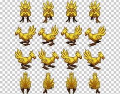 an image of some yellow chickens flying in the air, with their wings spread out