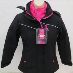 3 In 1 Jacket Made For "Action And Style" Color Black And Pink Size Small (Ladies Or Junior) Condition New Pink Waterproof Winter Outerwear, Black Weatherproof Outerwear For Skiing, Weatherproof Black Skiing Outerwear, Fitted Black Skiing Outerwear, Sporty Pink Outerwear For Winter Sports, Pink Sporty Outerwear For Winter Sports, Pink Waterproof Functional Outerwear, Pink Waterproof Sports Outerwear, Casual Black Skiing Outerwear