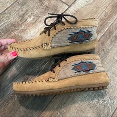 Excellent Condition. Never Worn Outside. Size 5.5 But Could Definitely Fit A Size 6 As Well. Beautiful Shoes! Casual Closed Toe Moccasins With Woven Sole, Casual Lace-up Moccasins For Fall, Casual Low-top Boots With Soft Sole, Bohemian Slip-on Moccasins For Fall, Casual Suede Lace-up Moccasins, Casual Lace-up Suede Moccasins, Western Style Lace-up Suede Moccasins, Bohemian Moccasins With Rubber Sole And Round Toe, Bohemian Moccasins With Rubber Sole