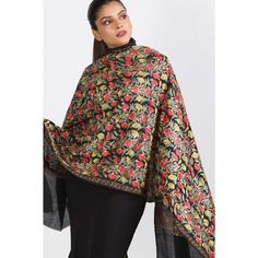 "Our Sabari Embroidered Wool Shawl features rich crewel embroidery. This shawl is a showstopper incorporating all the colors of the season. The black base shows off the beautiful orange, olive, bronze. Full length finished with an embroidered band. Made by Sevya Handmade, known for it's precision and quality. Great for work or cocktail. Pulls your outfits together. Worn as a shawl, or scarf double wrapped. Extremely versatile.  Suitable for any occasion. The perfect gift for the holidays. You could appreciated and remembered for years to come.  Fabric:  Soft blend of 80% wool and 20% polyester. Feels great against your skin.   This classically beautiful shawl is produced in Northern India, skilled in the intricate embroidery traditions. Price: $102.00 Size: One size  Dimensions: 78\" l x 2 Float Dress, Black Shawl, Embroidered Wool, Short Kimono, Wool Shawl, Crewel Embroidery, Intricate Embroidery, Embroidered Tunic, Mixing Prints