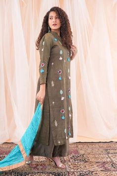 Brown kurta with gota patti, sequins, pearls and resham tassel embroidery. Comes with pant and sky blue dupatta. - Aza Fashions Sky Blue Dupatta, Tassel Embroidery, Blue Dupatta, Kurta Cotton, Women Kurta, Straight Kurta, Kurta With Pants, Set Women, Pant Set