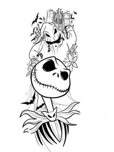 a drawing of jack skellingy from the nightmare with flowers and bats on his head