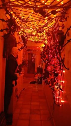 the hallway is decorated with lights and branches